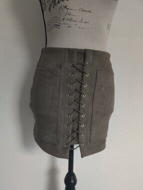 Mystery Jane Olive Green Lace-Up Faux Suede Mini Skirt Festival Western_Small